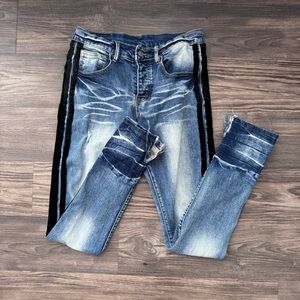 AMIRI Button Fly Skinny Jeans with Black Stripes